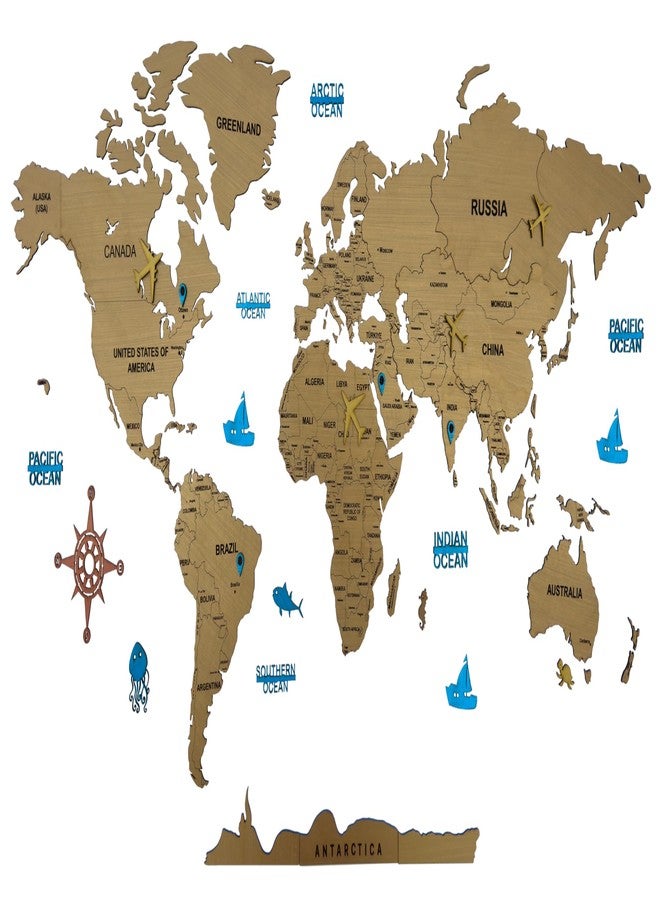 إلك ديكور حائط ثلاثي الأبعاد من الخشب على شكل خريطة العالم - لون بني معدني بلون خشب الساج - ديكور حائط مثالي لعشاق السفر - Image 1